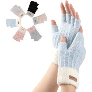 Women's Blue Half Finger Fingerless Knitted Fall Winter Warm Mittens Gloves